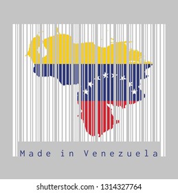 Barcode set the shape to Venezuela map outline and the color of Venezuela flag on white barcode with grey background, text: Made in Venezuela.