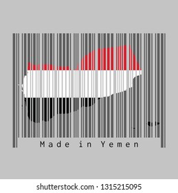 Barcode set the shape to Yemen map outline and the color of Yemen flag on dark grey barcode with grey background, text: Made in Yemen.