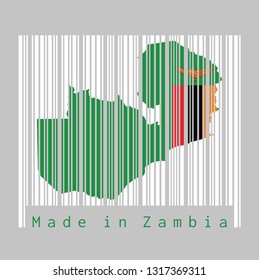 Barcode set the shape to Zambia map outline and the color of Zambia flag on white barcode with grey background, text: Made in Zambia.