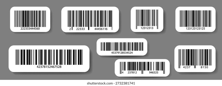 Barcode-Set für Ladenpreismarken. Realistisches Barcode-Symbol , Symbole von EAN-13, UPC, ITF. Scannerfertige Designs mit Seriennummern für Marktetiketten, Rabattaufkleber, Einzelhandelslagersystem