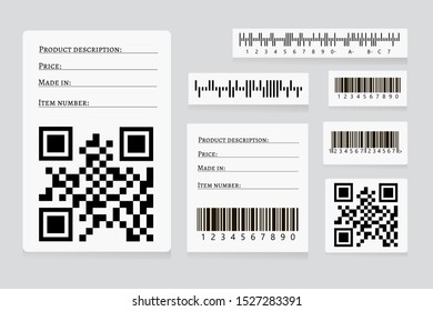 Barcode Sticker Set Vector.  Universal Product Scan Code. UPC Bar Code Scan Symbol. Realistic Barcode Icon Isolated. QR Code.