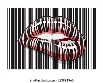 Barcode strip lips makeup of biting mouth. Stripped lips of barcode digital scanning.