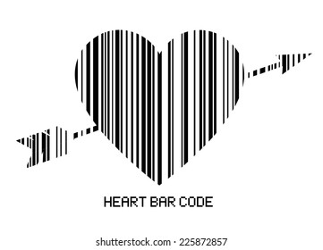 The barcode style heart shape with the arrow of Amor. heart bar code, black sign design. love for sale, vector art image illustration, isolated on white background