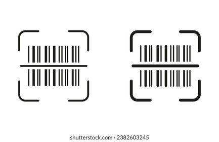 Pictograma de barcode Tag Scanner. Escanear línea de código de barras y conjunto de iconos negros de silueta. Identificación de la información del producto. Colección de símbolos de tecnología de digitalización digital. Ilustración de vectores aislados.