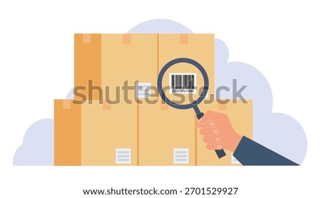 Barcode tracking and inventory identification. Hand Holding Magnifying Glass to Scan Product Label.