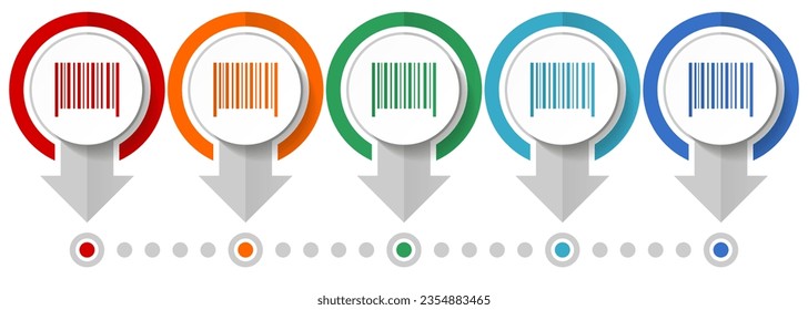Barcode vector icon set, flat design infographic template, set pointer concept icons in 5 color options for webdesign and mobile applications
