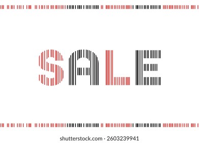 Barcode-inspired SALE text in red and black on white background