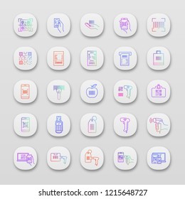 Barcodes app icons set. Linear and matrix bar codes. Barcodes reading, scanning apps, devices. QR codes in retail industry, inventory, control, delivery. UI/UX interface. Vector isolated illustrations