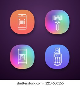 Barcodes app icons set. Smartphone barcode scanner, linear code reader, scanning app, payment terminal receipt. UI/UX user interface. Web or mobile applications. Vector isolated illustrations