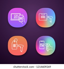 Barcodes app icons set. Smartphone bar code scanning, delivery barcode scanning, hang tag, handheld qr code scanner. UI/UX user interface. Web or mobile applications. Vector isolated illustrations