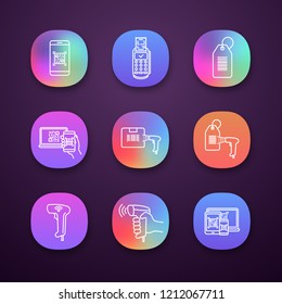 Barcodes app icons set. UI/UX user interface. Smartphone barcode scanning app, paper receipt, hang tag, parcel bar code, handheld code scanner, reader. Applications. Vector isolated illustrations