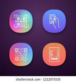 Barcodes app icons set. UI/UX user interface. QR code scanning, paper receipt in hand, matrix barcode, paper check. Web or mobile applications. Vector isolated illustrations