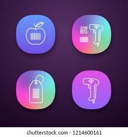 Barcodes app icons set. UI/UX user interface. Product barcode, qr and linear codes scanner, hang tag, wireless handheld reader. Web or mobile applications. Vector isolated illustrations