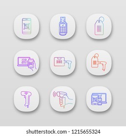 Barcodes app icons set. UI/UX user interface. Smartphone barcode scanning app, paper receipt, hang tag, parcel bar code, handheld code scanner, reader. Applications. Vector isolated illustrations