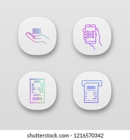 Barcodes app icons set. UI/UX user interface. Linear barcode in hand, QR codes scanning app, cash receipt, ATM paper check. Web or mobile applications. Vector isolated illustrations