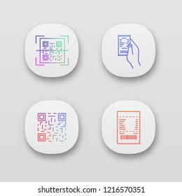 Barcodes app icons set. UI/UX user interface. QR code scanning, paper receipt in hand, matrix barcode, paper check. Web or mobile applications. Vector isolated illustrations