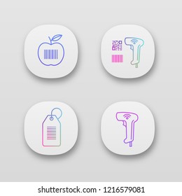 Barcodes app icons set. UI/UX user interface. Product barcode, qr and linear codes scanner, hang tag, wireless handheld reader. Web or mobile applications. Vector isolated illustrations