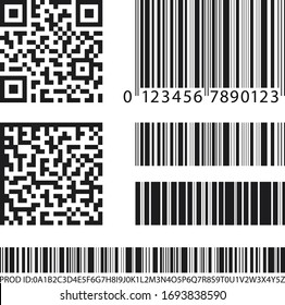 Barcodes. Barcode scans and QR codes, industrial barcode price black labels vector set.