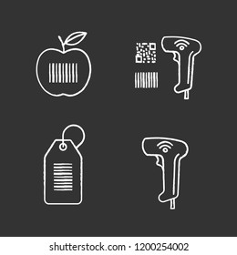 Barcodes chalk icons set. Product barcode, qr and linear codes scanner, hang tag, wireless handheld reader. Isolated vector chalkboard illustration