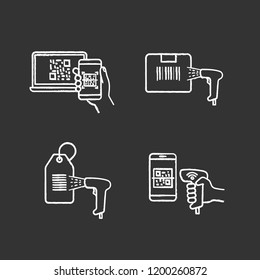 Barcodes chalk icons set. Smartphone bar code scanning, delivery barcode scanning, hang tag, handheld qr code scanner. Isolated vector chalkboard illustration