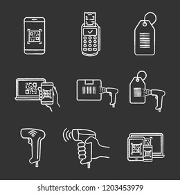 Barcodes chalk icons set. Smartphone barcode scanning app, paper receipt, hang tag, parcel bar code, handheld code scanner, reader. Isolated vector chalkboard illustration