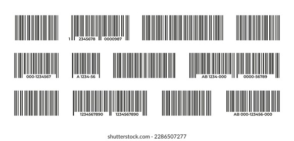 Barcodes collection. Black label barcode for product identification, grocery price tag, supermarket distribution system with row data elements. Vector set. Stickers for retail shop or store