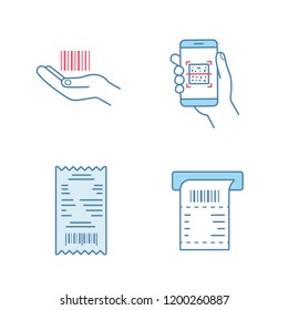 Conjuntos de iconos de color de códigos de barras. Código de barras lineal en la mano, aplicación de análisis de códigos QR, recibo de efectivo, cheque de papel ATM. Ilustraciones vectoriales aisladas