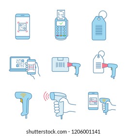 Barcodes color icons set. Smartphone barcode scanning app, paper receipt, hang tag, parcel bar code, handheld code scanner, reader. Isolated vector illustrations