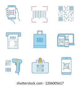 Barcodes color icons set. Smartphone barcode scanning app, linear, QR codes, ATM cash receipt, shopping bag, handheld bar code scanner, id card. Isolated vector illustrations