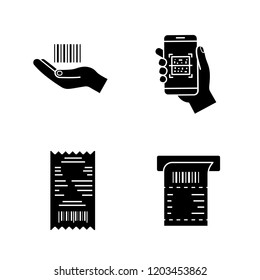 Barcodes glyph icons set. Linear barcode in hand, QR codes scanning app, cash receipt, ATM paper check. Silhouette symbols. Vector isolated illustration