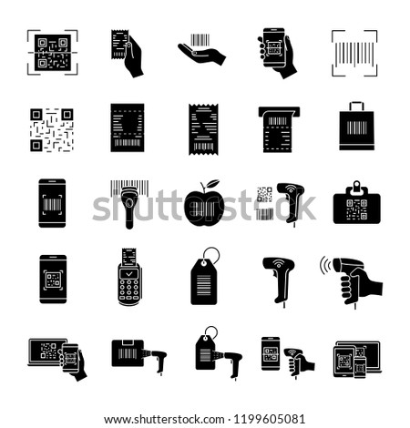 Barcodes glyph icons set. Linear, matrix bar codes. Barcodes reading, scanning apps and devices. Using QR codes in retail, inventory control, delivery. Silhouette symbols. Vector isolated illustration