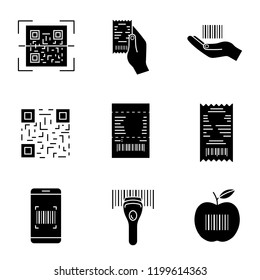 Barcodes glyph icons set. QR and linear codes scanning app, device, cash receipt, barcode in hand, paper check, product bar code. Silhouette symbols. Vector isolated illustration