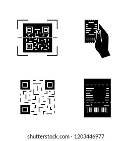Barcodes glyph icons set. QR code scanning, paper receipt in hand, matrix barcode, paper check. Silhouette symbols. Vector isolated illustration