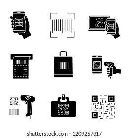 Barcodes glyph icons set. Smartphone barcode scanning app, linear code, QR code, ATM cash receipt, shopping bag, handheld bar code reader, id badge. Silhouette symbols. Vector isolated illustration