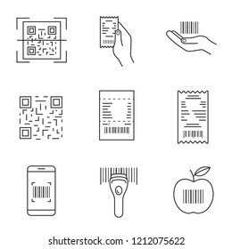 Barcodes linear icons set. QR and linear codes scanning app, device, cash receipt, barcode in hand, product bar code. Contour symbols. Isolated vector outline illustrations. Editable stroke