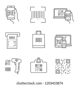 Barcodes linear icons set. Smartphone barcode scanning app, linear code, ATM cash receipt, shopping bag, scanner, id badge, using QR codes. Isolated vector outline illustrations. Editable stroke