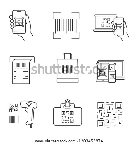 Barcodes linear icons set. Smartphone barcode scanning app, linear code, ATM cash receipt, shopping bag, scanner, id badge, using QR codes. Isolated vector outline illustrations. Editable stroke