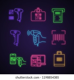 Barcodes Neon Light Icons Set. Handheld Barcode Scanner, Id Badge, ATM Cash Receipt, Linear Code, Using QR Codes, Shopping Bag. Glowing Signs. Vector Isolated Illustrations