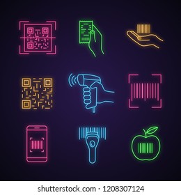 Barcodes neon light icons set. QR code scanning, cash receipt, barcode in hand, handheld scanner, linear code, smartphone app, grocery. Glowing signs. Vector isolated illustrations