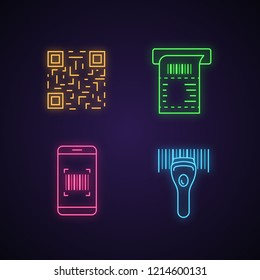 Barcodes neon light icons set. QR code, ATM cash receipt, smartphone barcodes scanning app, handheld linear codes reader. Glowing signs. Vector isolated illustrations