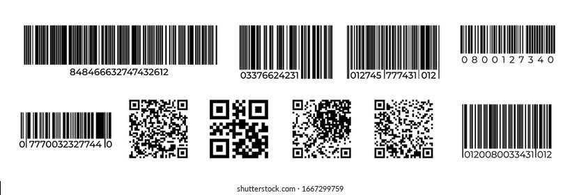 Штрихкоды. QR-код, идентификационный знак продукта, ценник для лазерного сканирования, код розничного номера. Векторное сканирование уникальных символов штрих-кода