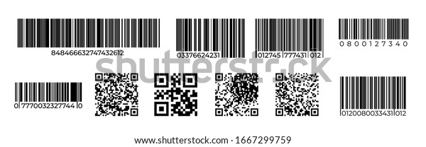 Barcodes. QR code product identification mark, price
tag for laser scan, retail number code. Vector scanning unique
stripped barcode symbols
set