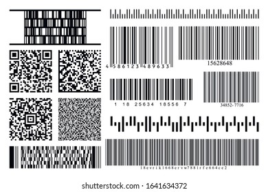 Barcodes and QR codes collection set. Black striped code for digital identification. Vector code information, QR, store scan codes. Industrial coding information. Vector illustartion