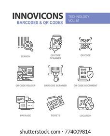 Barcodes and QR codes - line design icons set. Search, scanner, reader, document, package, tickets, location. Collection of high quality blue and red web elements. Technology concept