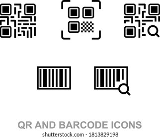 Barcodes. Scan bar label, qr code and industrial barcode. Product inventory badge, codes stripe sticker and package bars. Supermarket scanning barcode sign. Isolated vector icons set