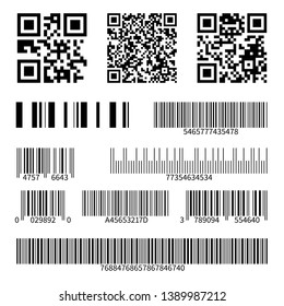 Barcodes. Supermarket scan code bars and qr codes, industrial barcode price black labels realistic isolated vector set