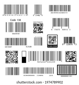 Barcodes. Supermarket scan code bars and qr codes, industrial barcode price black labels realistic isolated vector set