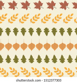 bard leaves of maple yellow leaves of mountain ash green leaves of oak orange leaves of birch arranged in rads on a light background. seamless pattern