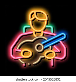 bard playing on guitar neon light sign vector. Glowing bright icon bard playing on guitar sign. transparent symbol illustration