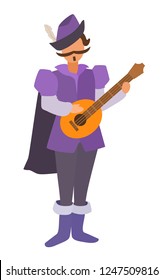 Bard stands in a cloak with a lute. Role-playing stylized game image without face. Flat cartoon design. Realistic body proportions. Vector simple style illustration isolated on white background.